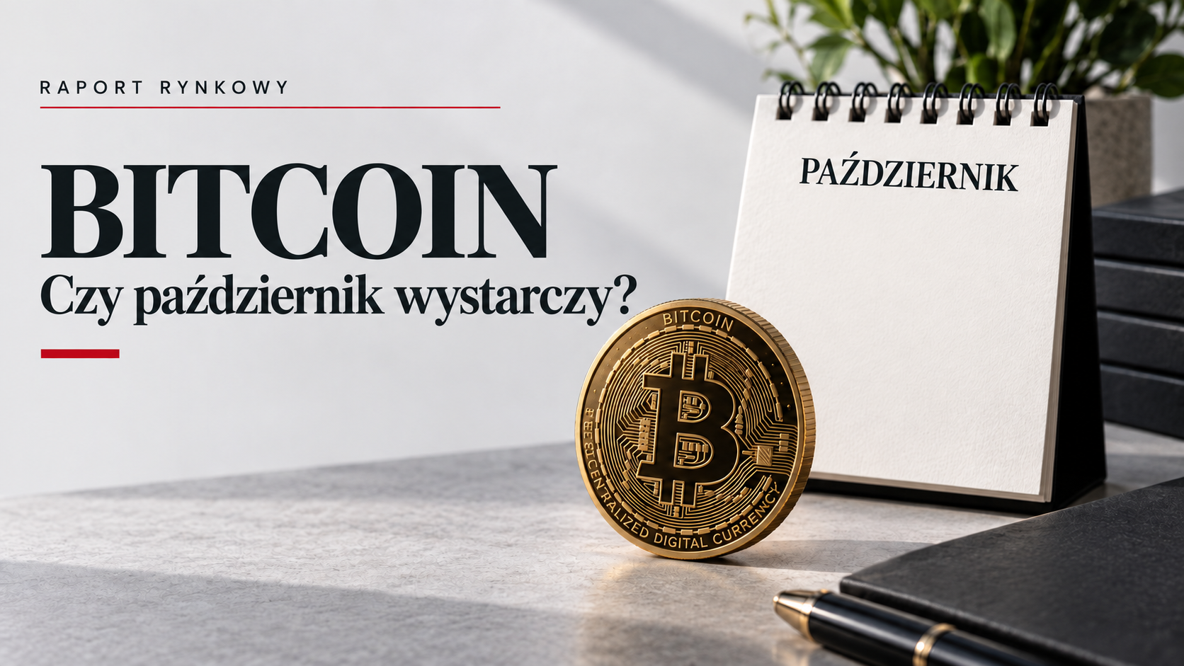 Bitcoin i kalendarz z napisem Październik; koncepcyjna okładka raportu