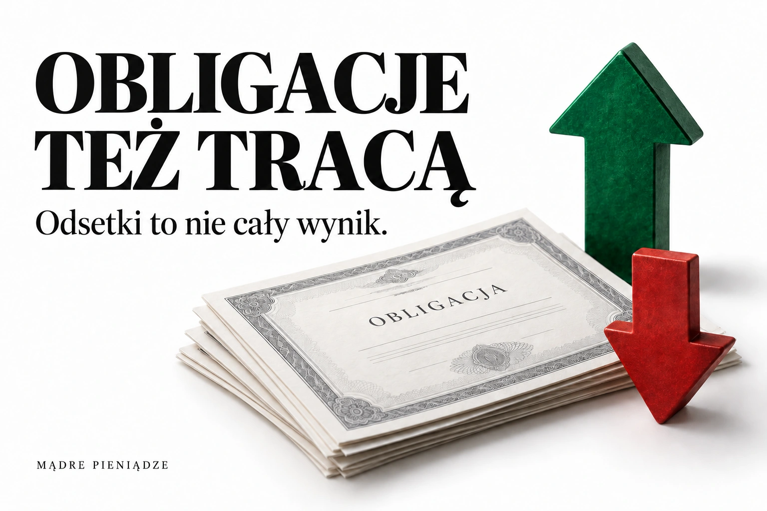 Obligacje też tracą. Dokumenty obligacji i przeciwne kierunki strzałek symbolizujące rentowność oraz cenę