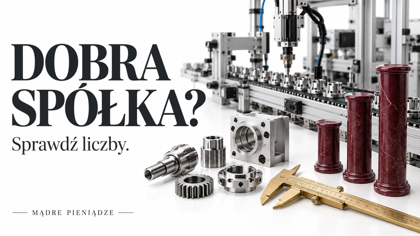 Dobra spółka: precyzyjne części przemysłowe, suwmiarka i wykres słupkowy