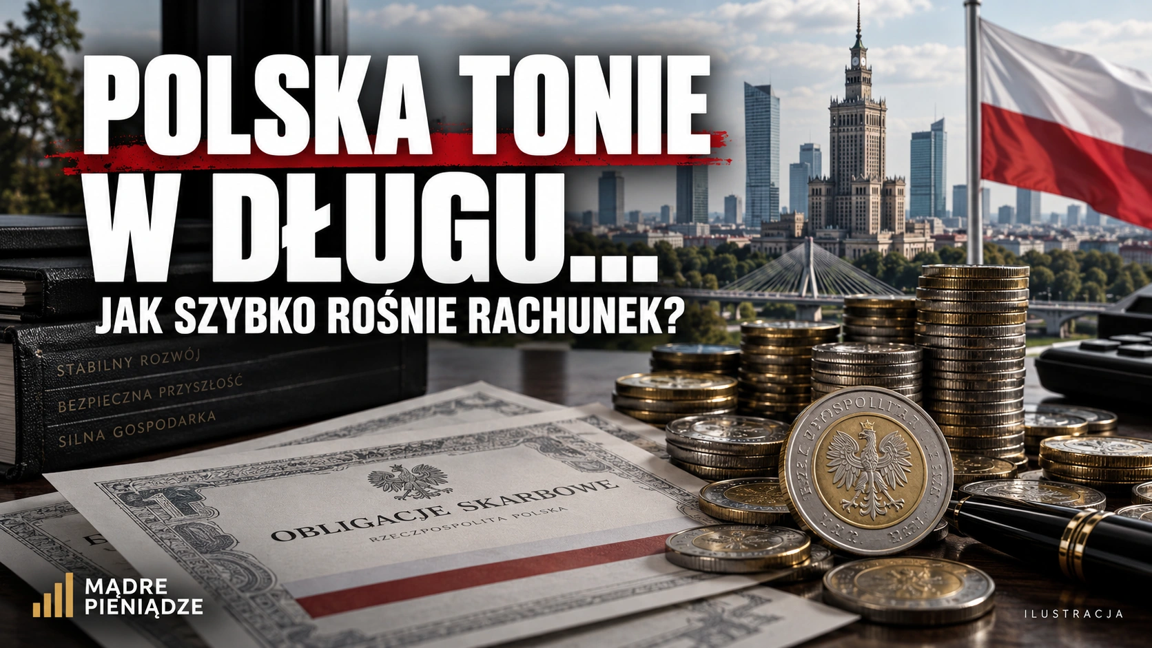Polska tonie w długu… Jak szybko rośnie rachunek? Ilustracja Warszawy, polskiej flagi, monet i dokumentów.