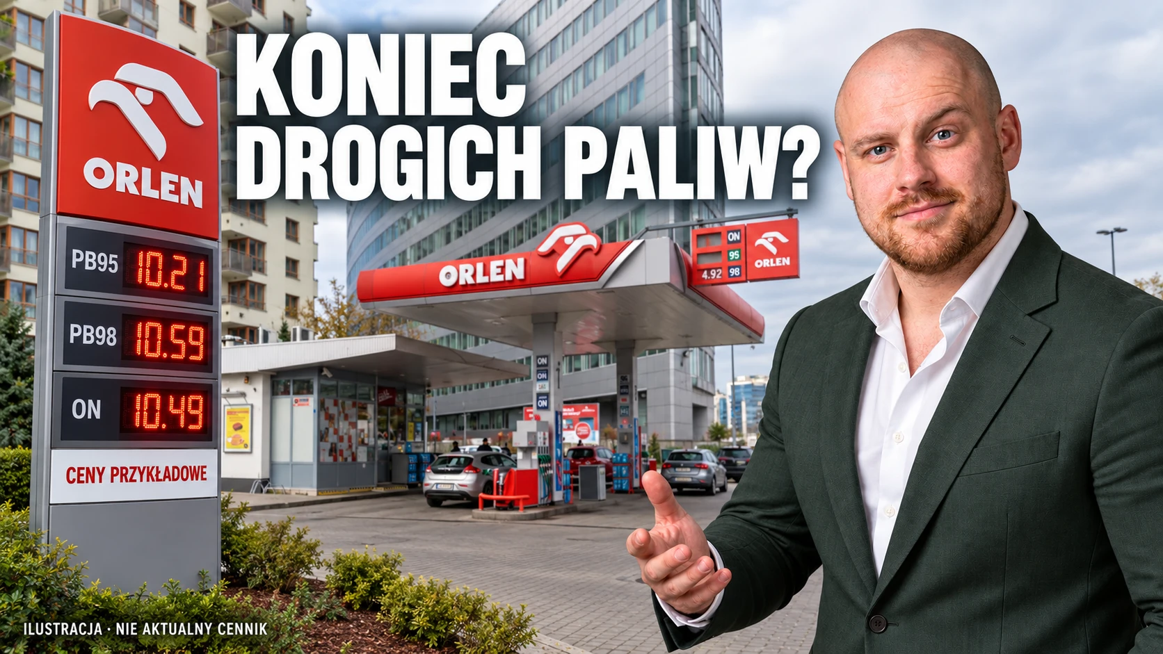 Ilustracja: stacja Orlen, przykładowe ceny 10,21, 10,59 i 10,49 zł oraz fikcyjna postać Wiktora Gambeckiego.