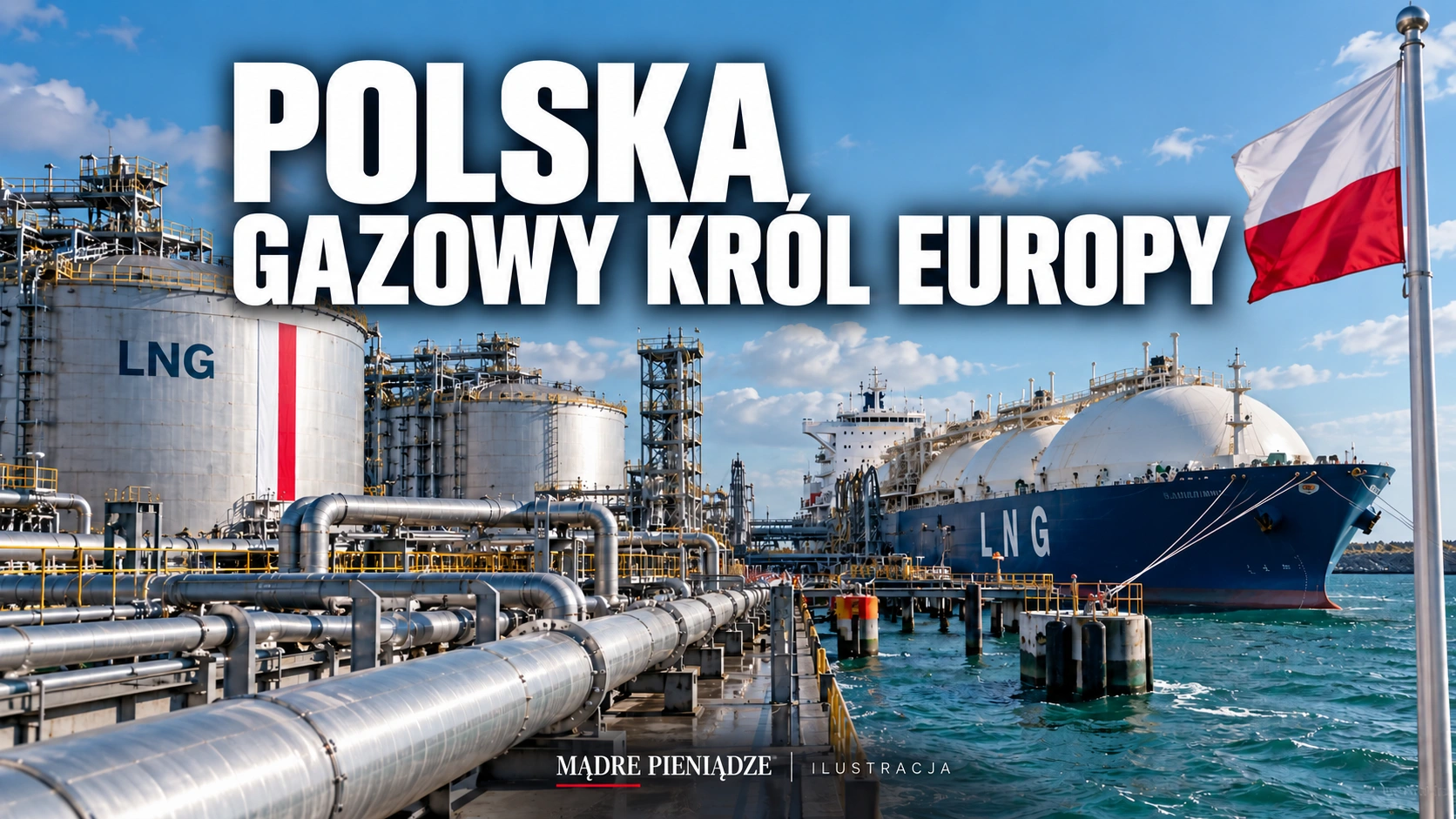 Polska – gazowy król Europy. Ilustracja terminalu LNG, zbiorników i gazowca z polską flagą.