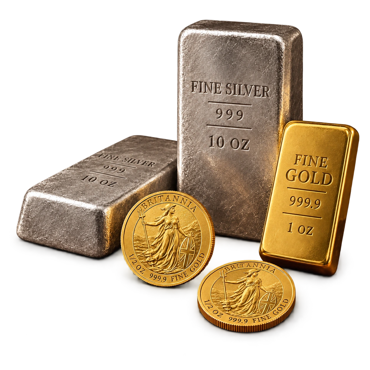 Ilustracja nagród: złoto 1 oz, dwie monety Britannia po ½ oz i dwie sztabki srebra po 10 oz z oznaczeniami masy i próby